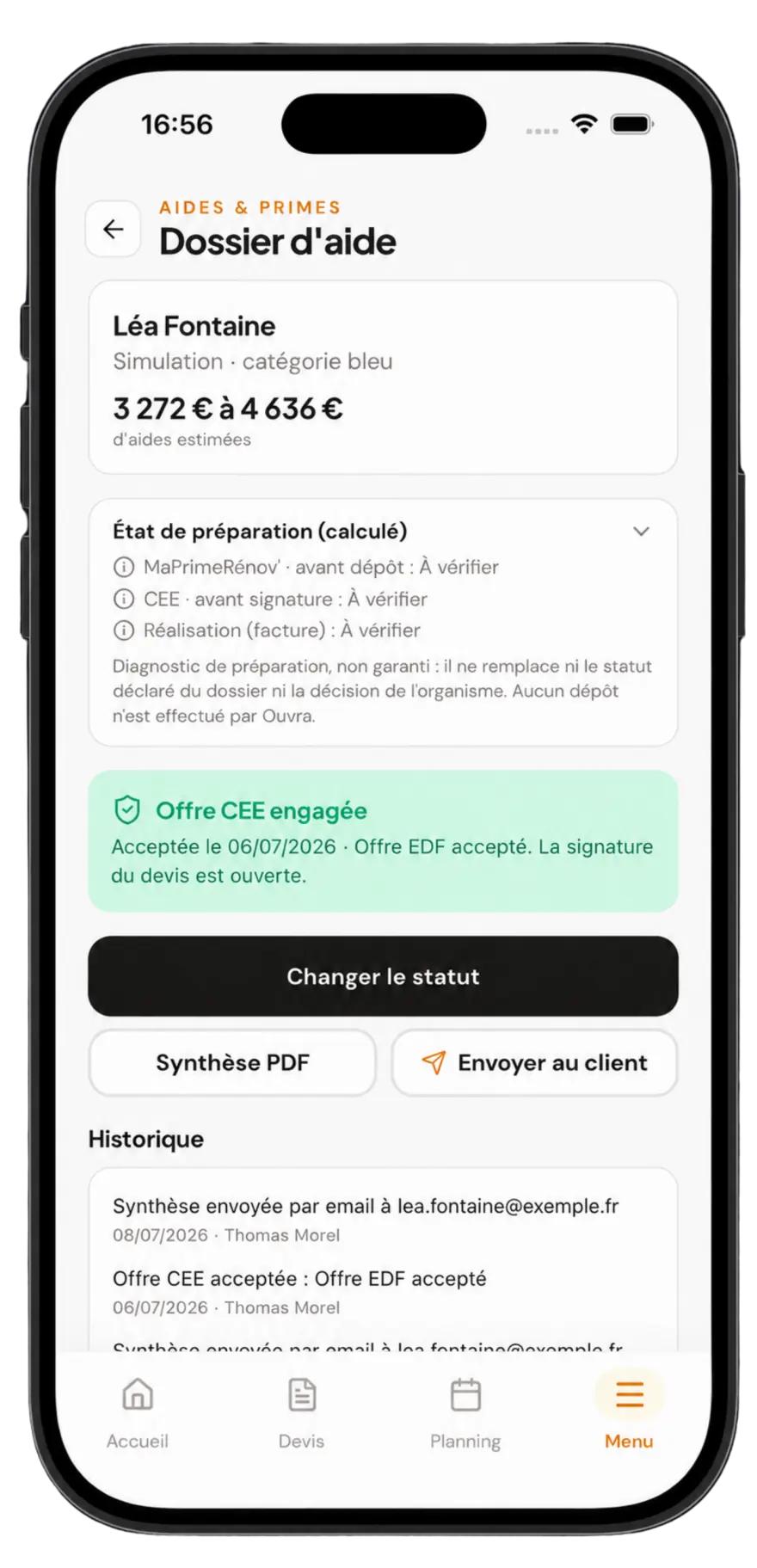 Capture de l'app Ouvra : dossier d'aide MaPrimeRénov' et CEE avec état de préparation