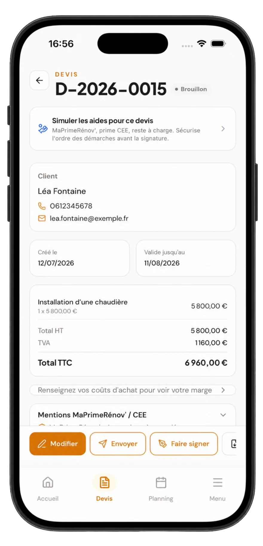 Capture de l'app Ouvra : détail d'un devis prêt à être signé sur le chantier