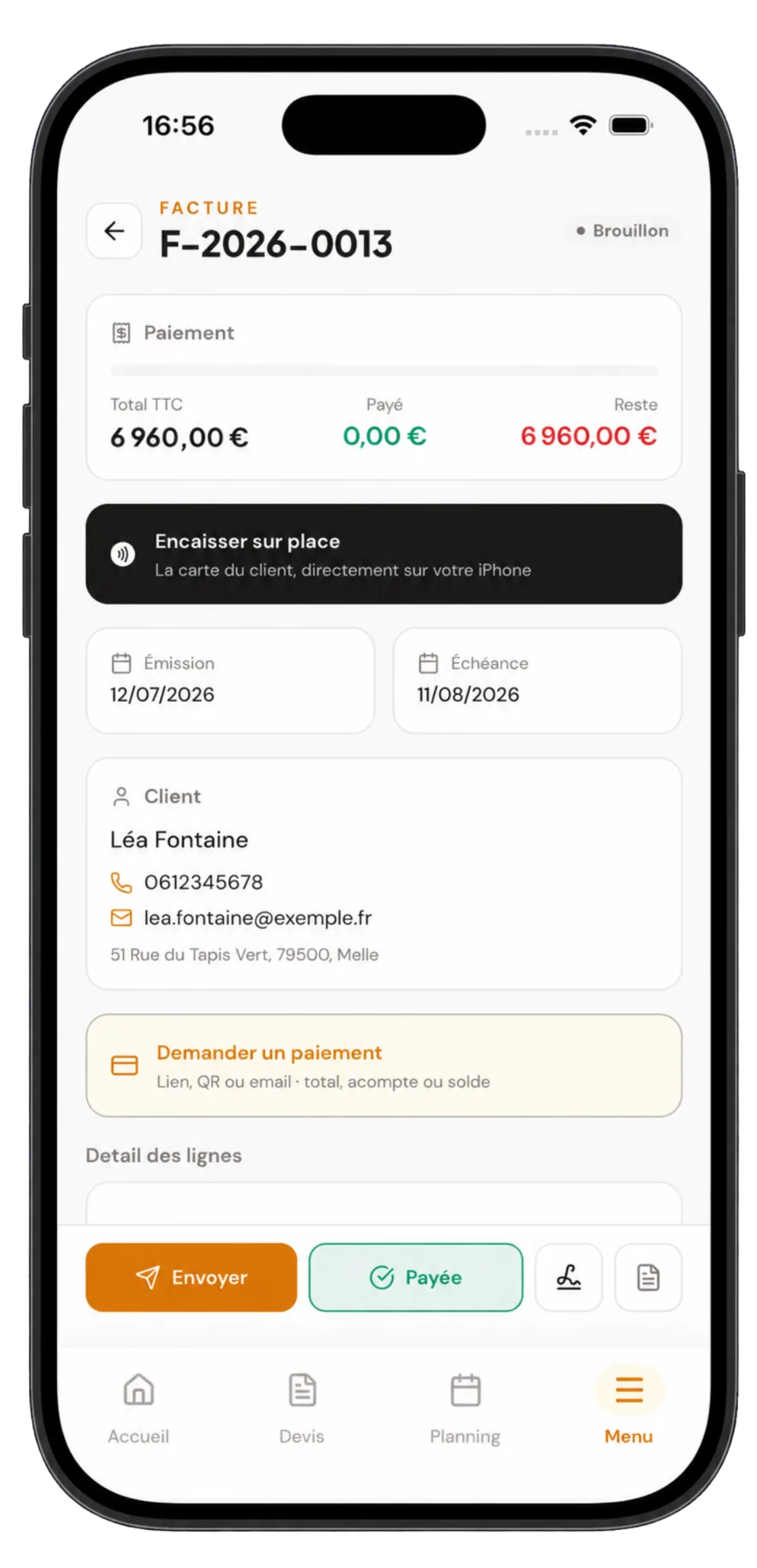 Capture de l'app Ouvra : facture avec encaissement sur place et demande de paiement