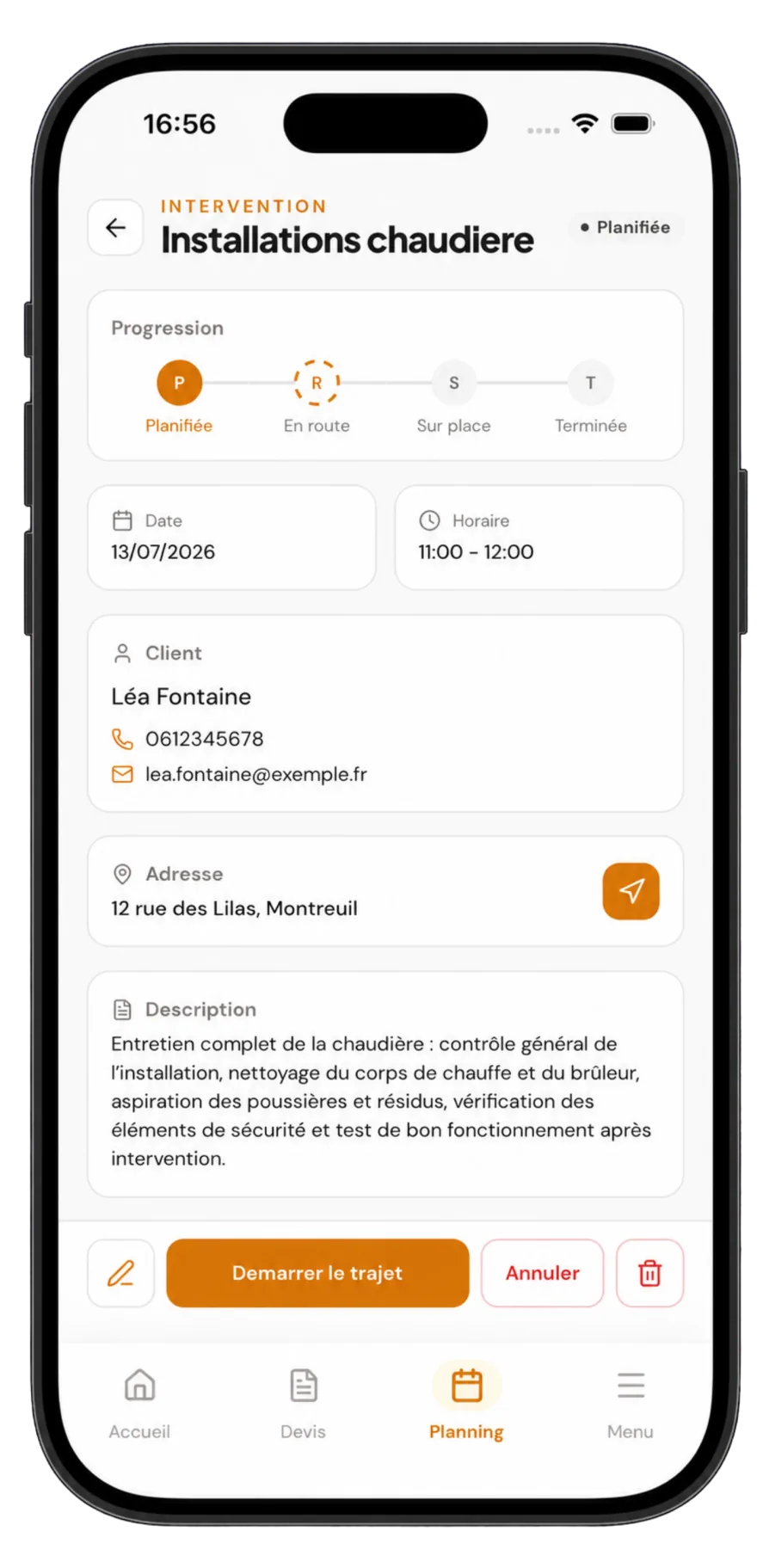 Capture de l'app Ouvra : fiche intervention avec progression et itinéraire vers le chantier