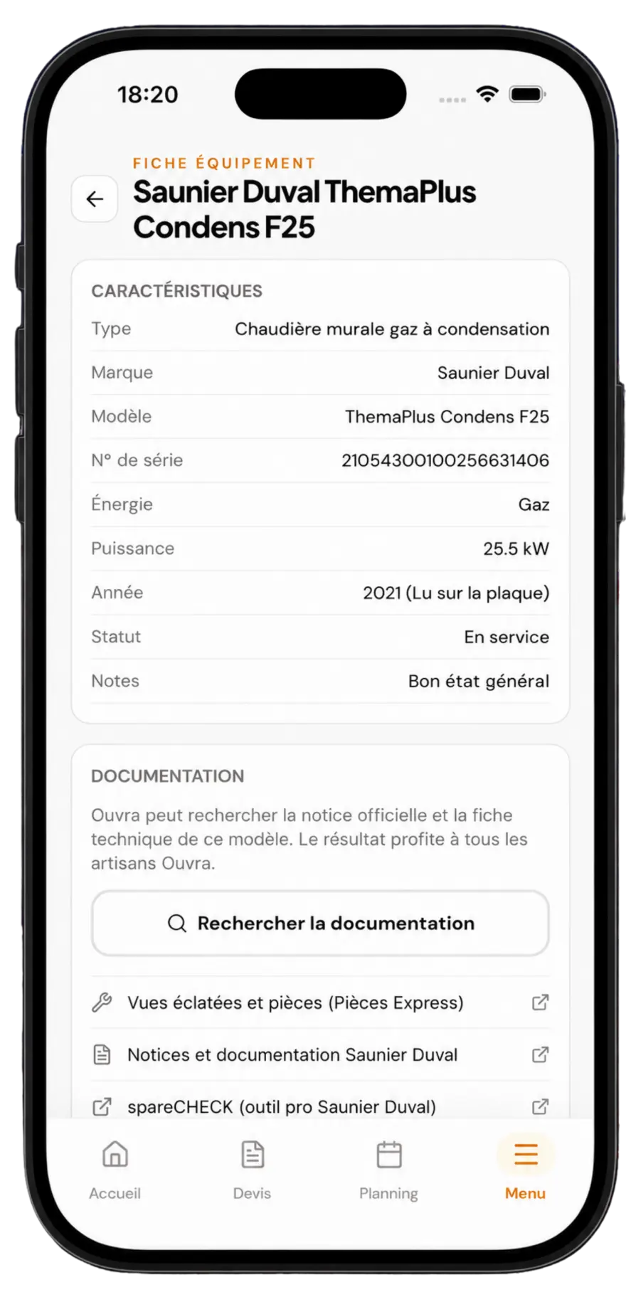 Capture de l'app Ouvra : fiche équipement d'une chaudière murale gaz à condensation avec documentation constructeur