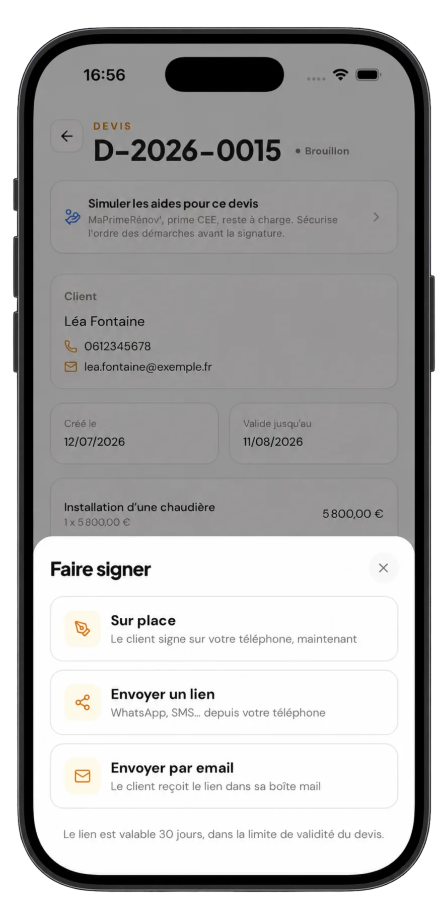 Capture de l'app Ouvra : choix de la signature d'un devis sur place, par lien ou par email