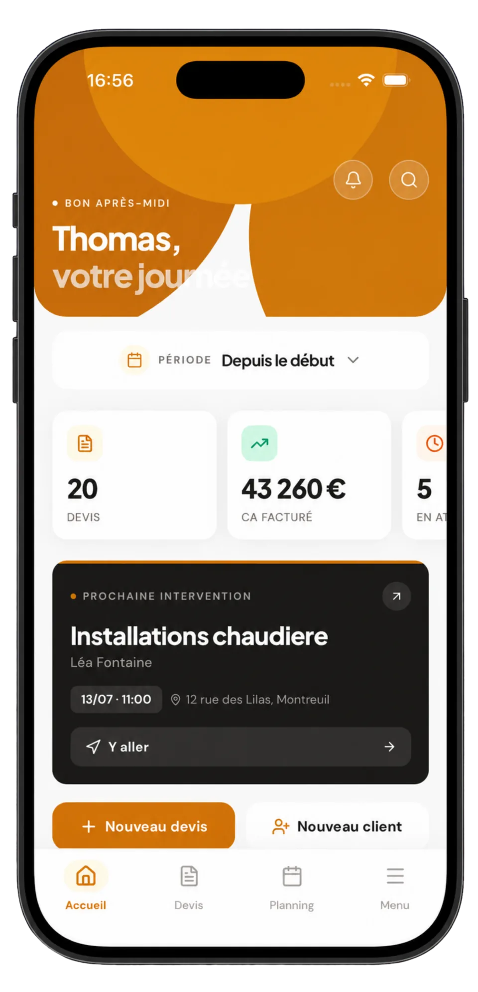 Capture de l'app Ouvra : accueil avec la journée du plombier, chiffres clés et prochaine intervention