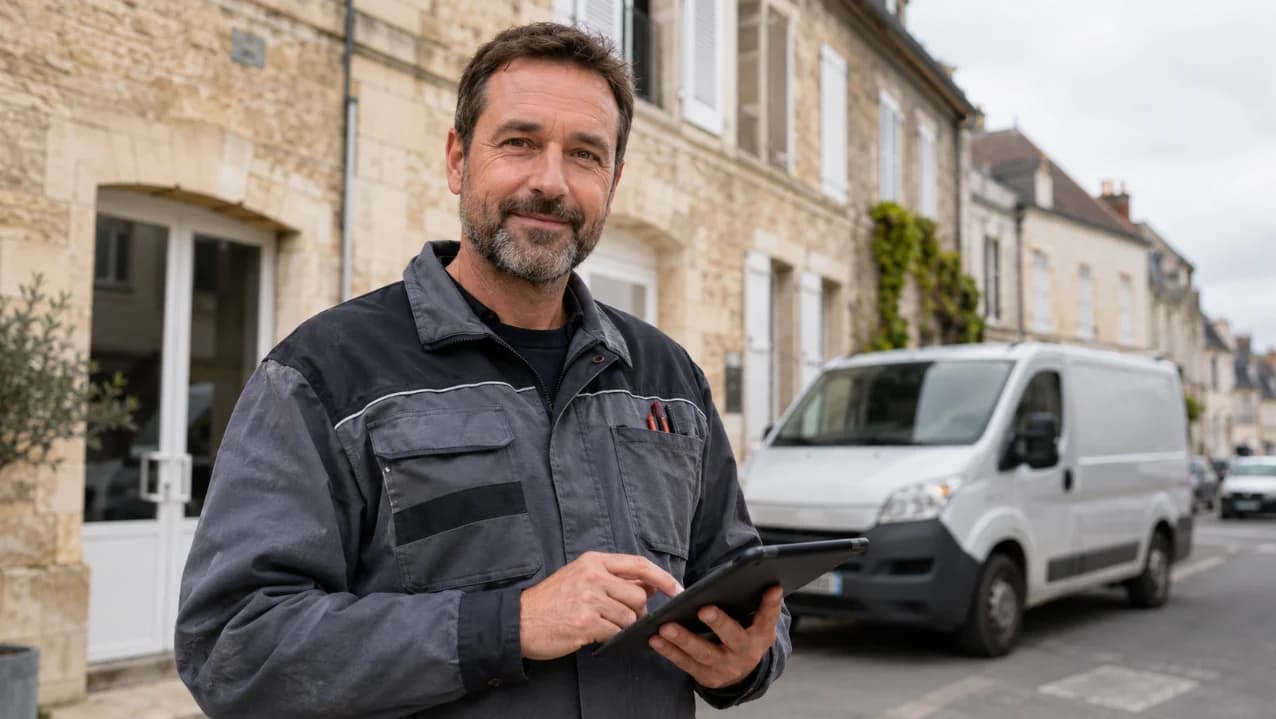 un plombier de Parthenay qui consulte son application ouvra pour envoyer ses devis