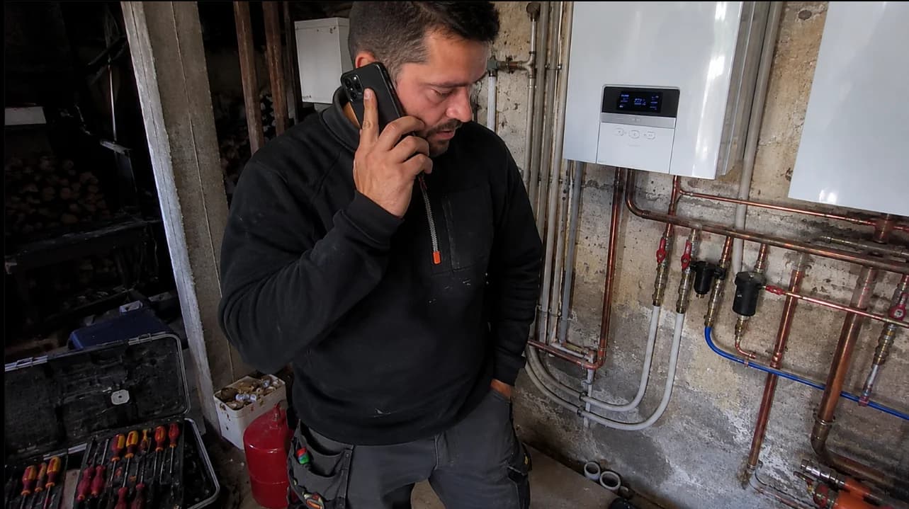 photo d'un plombier entrain de téléphoner a son client qui habite Champdeniers