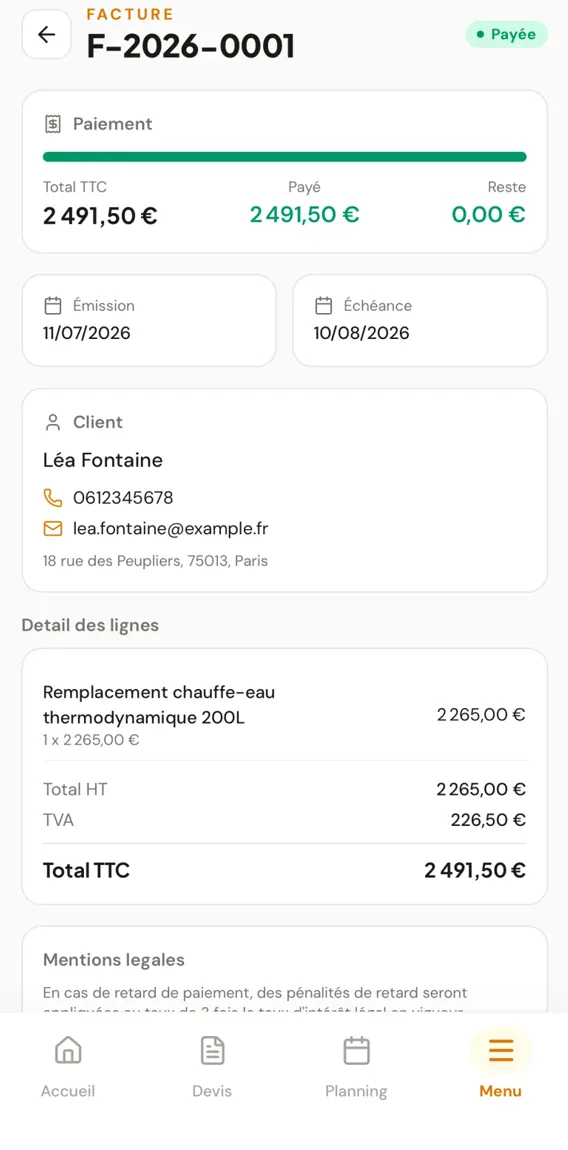 Écran d'une facture payée dans l'app Ouvra : montant réglé, échéance, client et détail des lignes