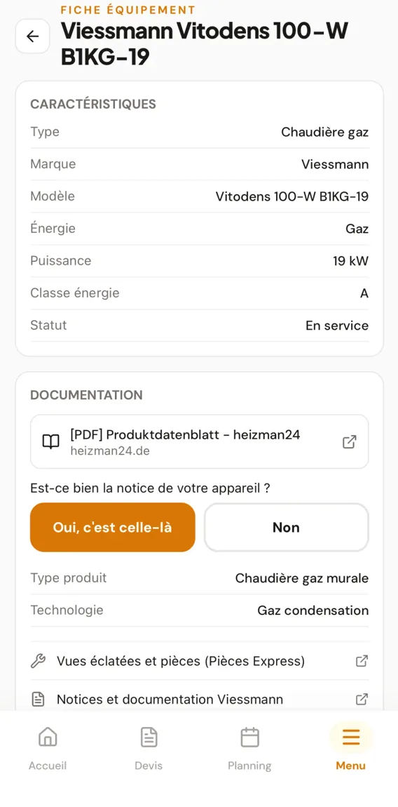 Fiche équipement d'une chaudière dans l'app Ouvra : type, marque, modèle, classe énergie et documentation